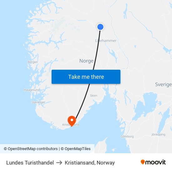 Lundes Turisthandel to Kristiansand, Norway map