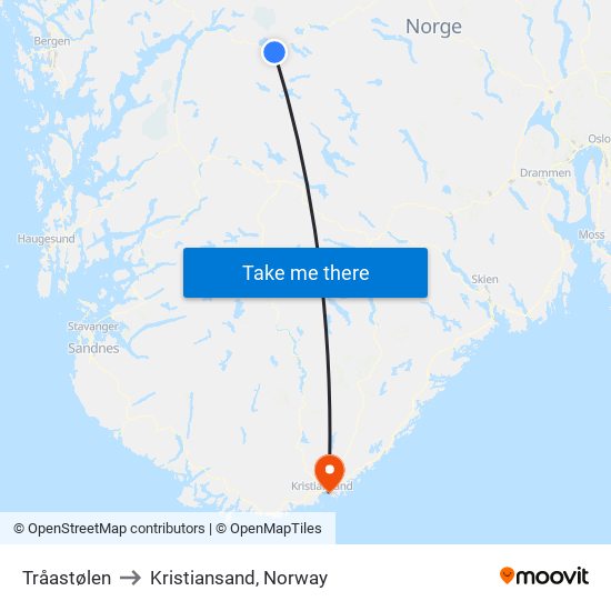 Tråastølen to Kristiansand, Norway map