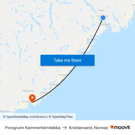 Porsgrunn Kammerherreløkka to Kristiansand, Norway map
