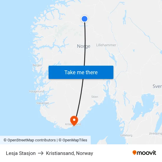 Lesja Stasjon to Kristiansand, Norway map