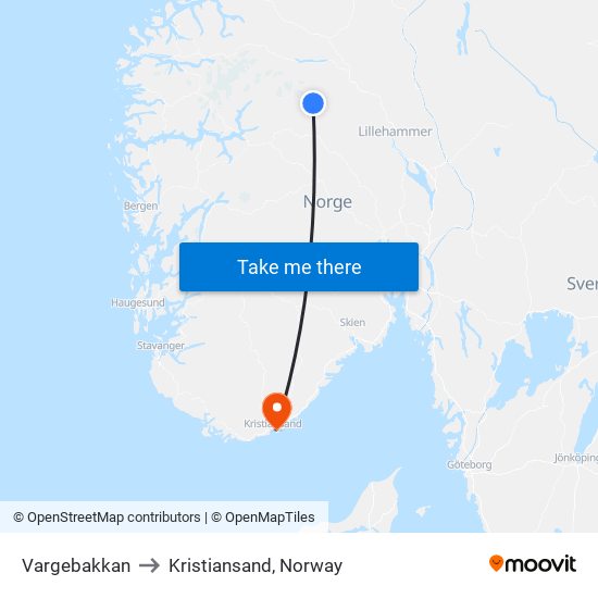 Vargebakkan to Kristiansand, Norway map