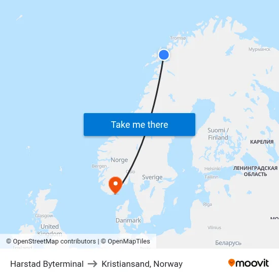 Harstad Byterminal to Kristiansand, Norway map