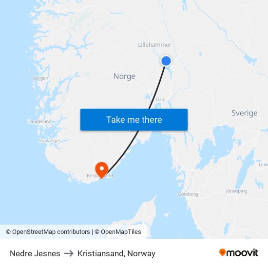 Nedre Jesnes to Kristiansand, Norway map