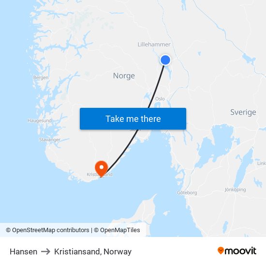 Hansen to Kristiansand, Norway map