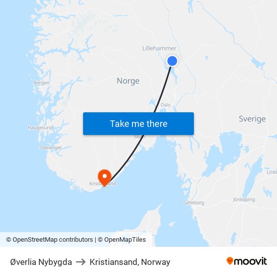 Øverlia Nybygda to Kristiansand, Norway map