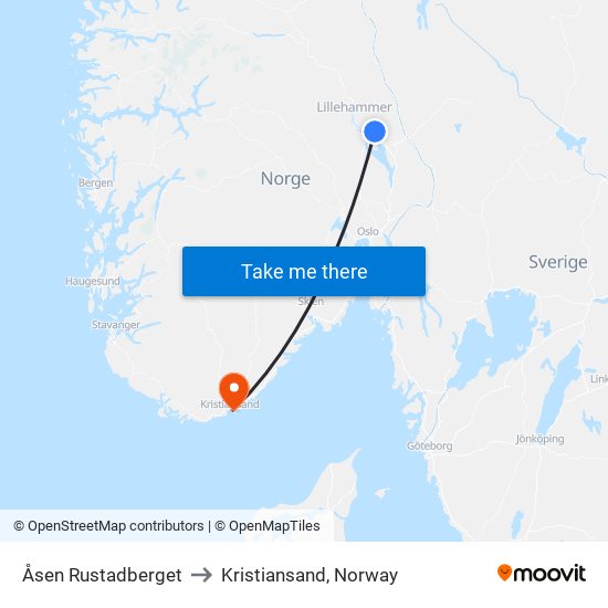 Åsen Rustadberget to Kristiansand, Norway map