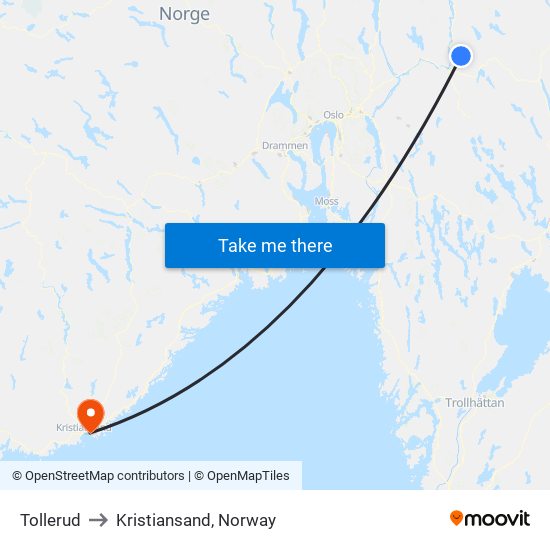 Tollerud to Kristiansand, Norway map