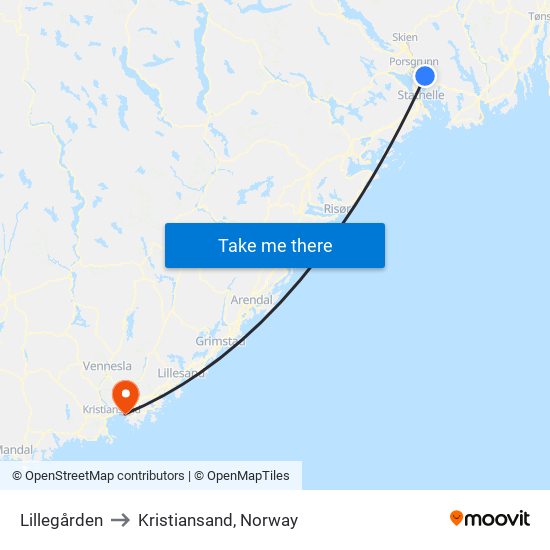 Lillegården to Kristiansand, Norway map