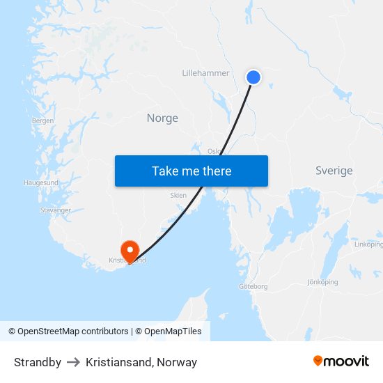 Strandby to Kristiansand, Norway map