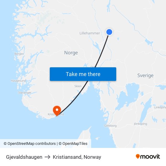 Gjevaldshaugen to Kristiansand, Norway map