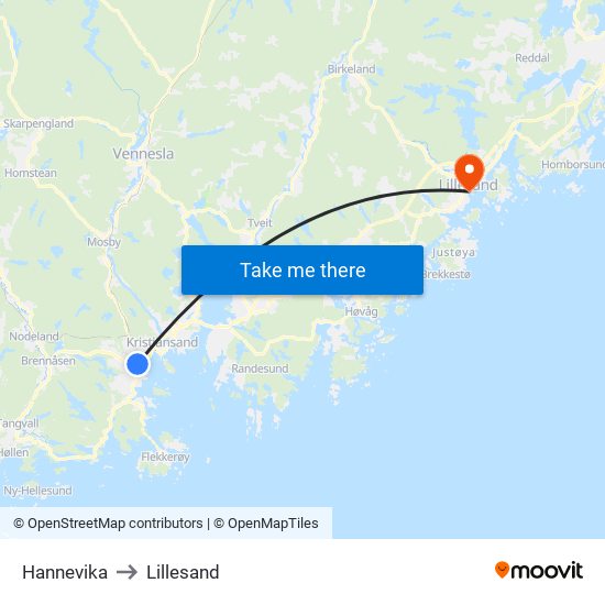 Hannevika to Lillesand map