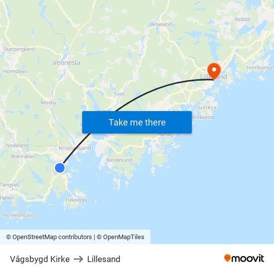 Vågsbygd Kirke to Lillesand map