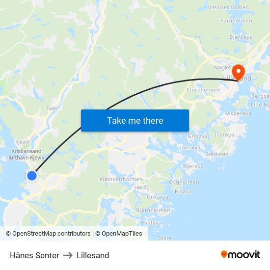 Hånes Senter to Lillesand map