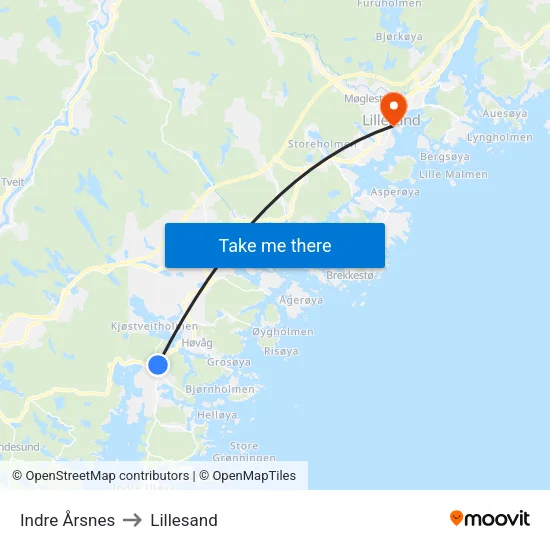 Indre Årsnes to Lillesand map