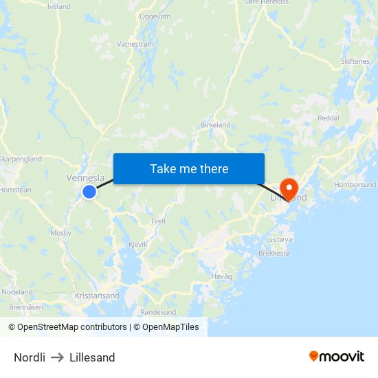 Nordli to Lillesand map