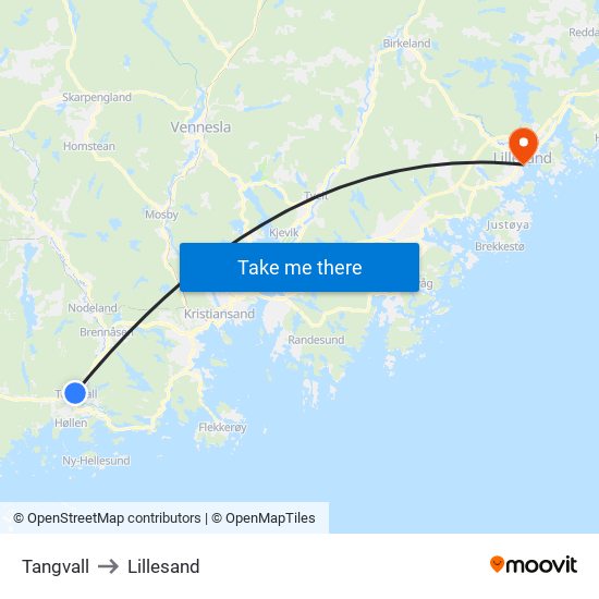 Tangvall to Lillesand map