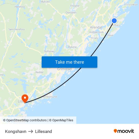 Kongshavn to Lillesand map