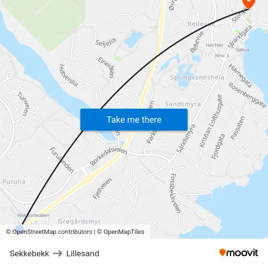 Sekkebekk to Lillesand map