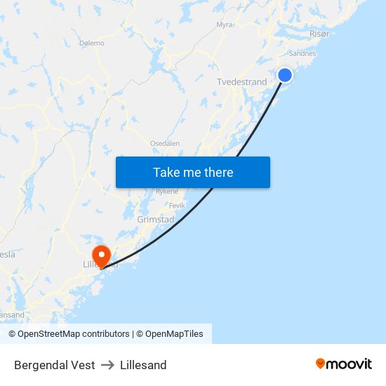 Bergendal Vest to Lillesand map