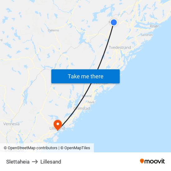 Slettaheia to Lillesand map
