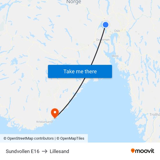 Sundvollen E16 to Lillesand map