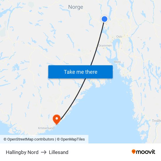 Hallingby Nord to Lillesand map