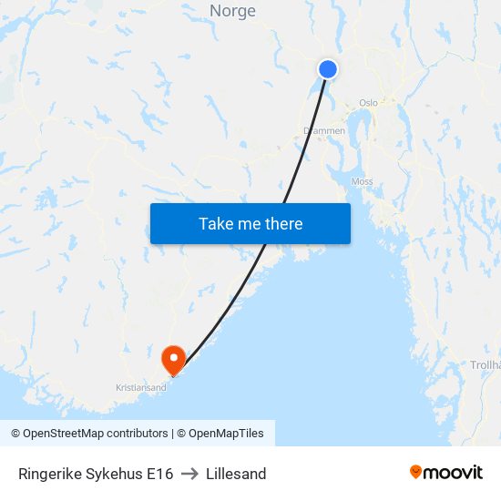 Ringerike Sykehus E16 to Lillesand map