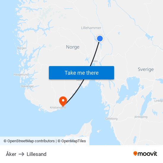 Åker to Lillesand map