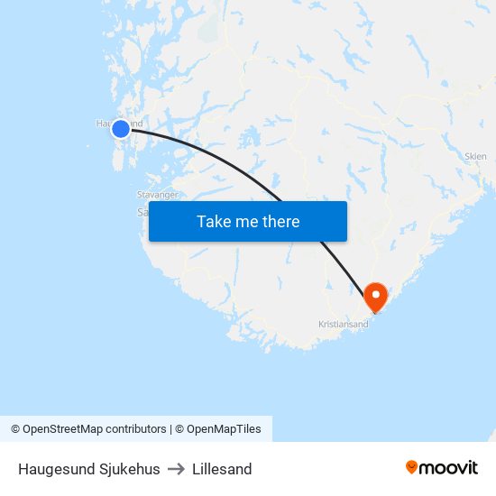 Haugesund Sjukehus to Lillesand map