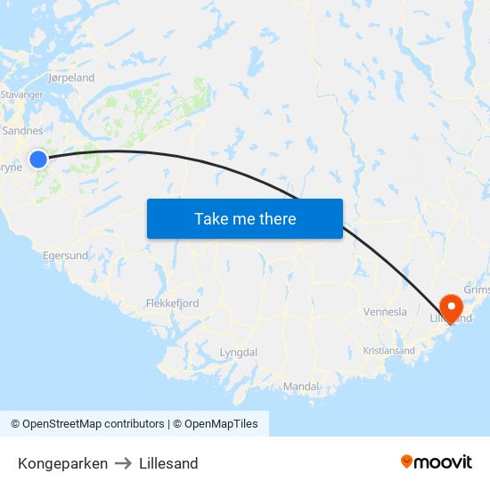 Kongeparken to Lillesand map