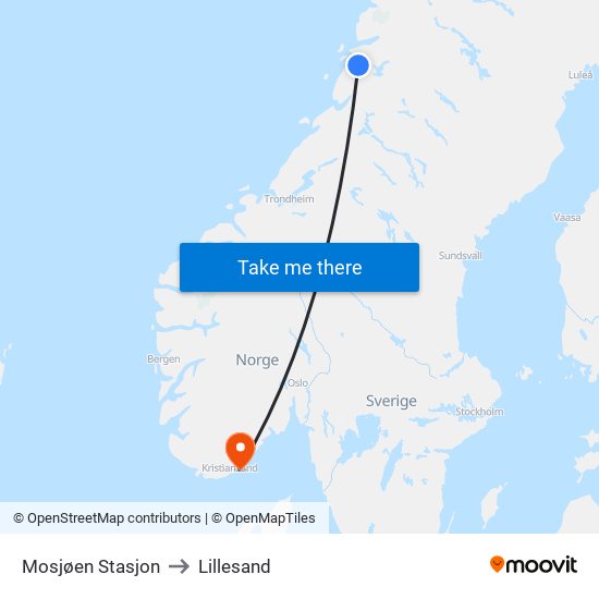 Mosjøen Stasjon to Lillesand map