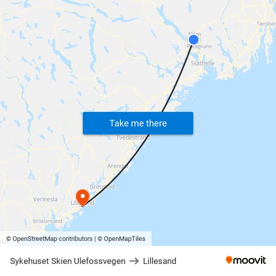 Sykehuset Skien Ulefossvegen to Lillesand map