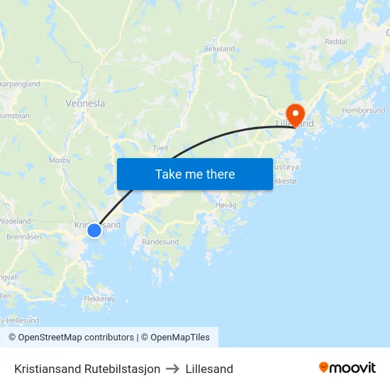 Kristiansand Rutebilstasjon to Lillesand map