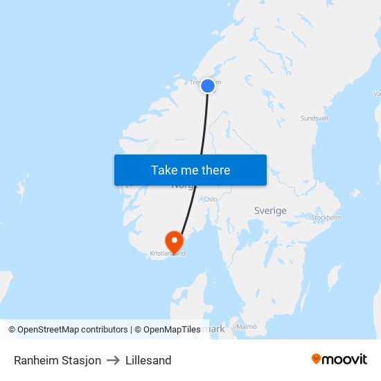 Ranheim Stasjon to Lillesand map