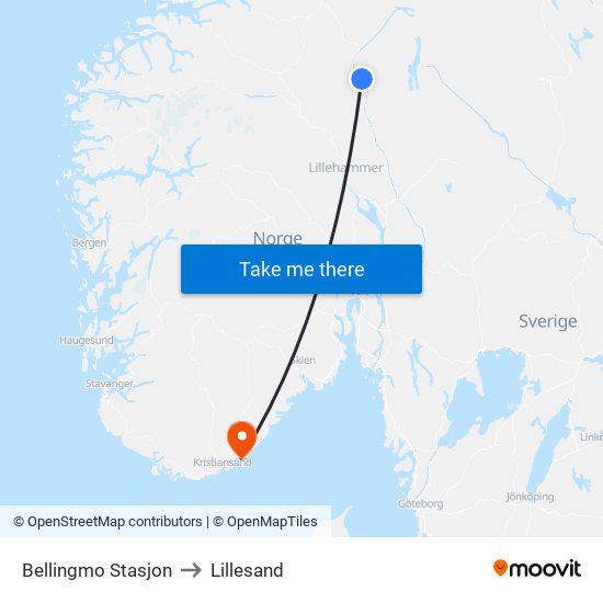 Bellingmo Stasjon to Lillesand map