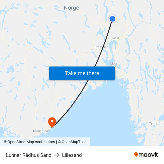 Lunner Rådhus Sand to Lillesand map