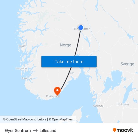 Øyer Sentrum to Lillesand map