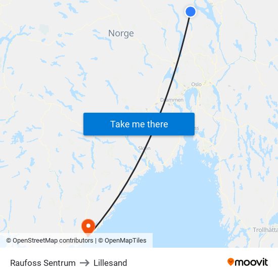 Raufoss Sentrum to Lillesand map