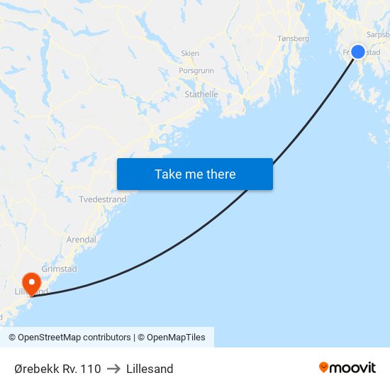 Ørebekk Rv. 110 to Lillesand map