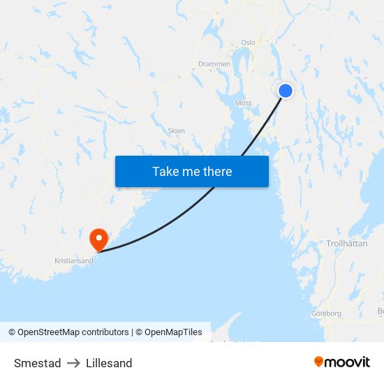 Smestad to Lillesand map