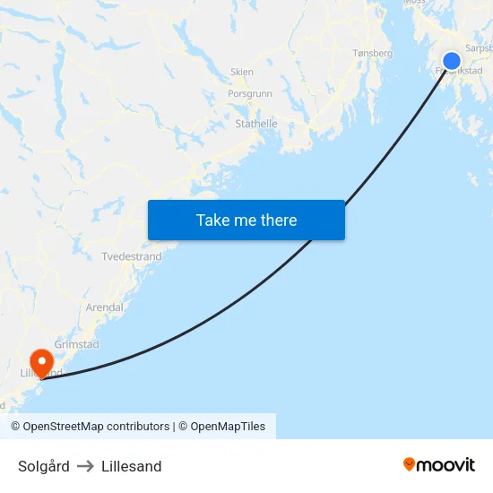 Solgård to Lillesand map