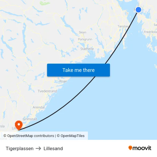 Tigerplassen to Lillesand map
