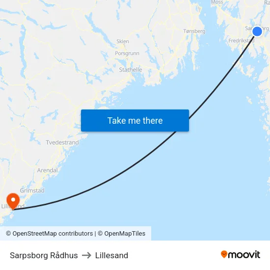 Sarpsborg Rådhus to Lillesand map