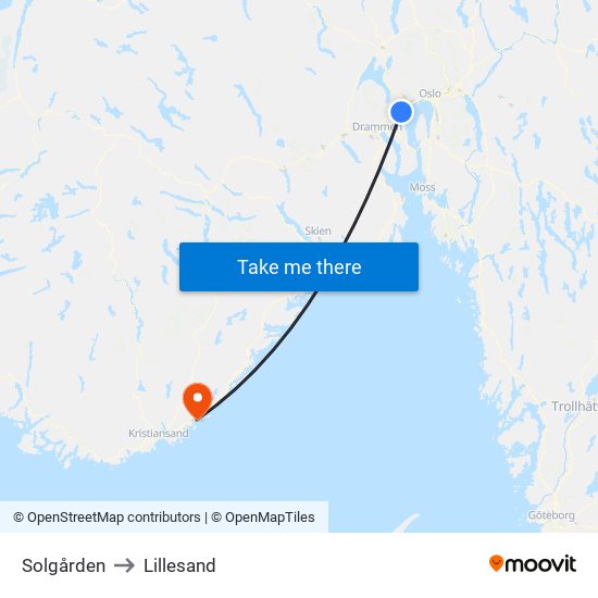 Solgården to Lillesand map