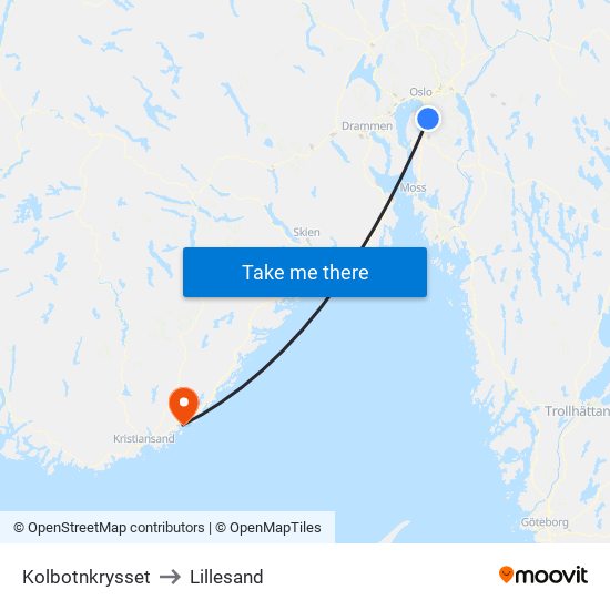 Kolbotnkrysset to Lillesand map