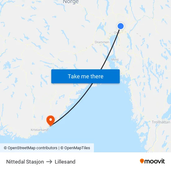 Nittedal Stasjon to Lillesand map