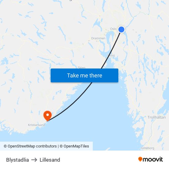 Blystadlia to Lillesand map