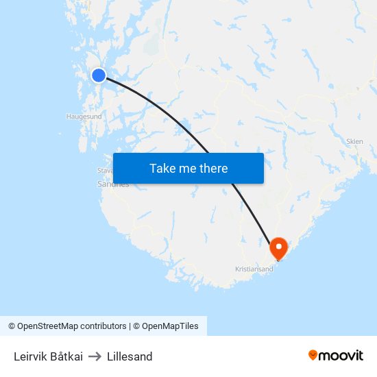 Leirvik Båtkai to Lillesand map