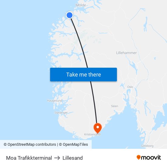 Moa Trafikkterminal to Lillesand map