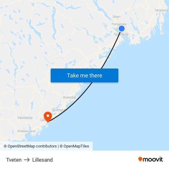 Tveten to Lillesand map